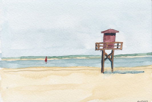 Postcard painting (A6) of beach at Sanlucar De Barrameda, Spain. watercolour.