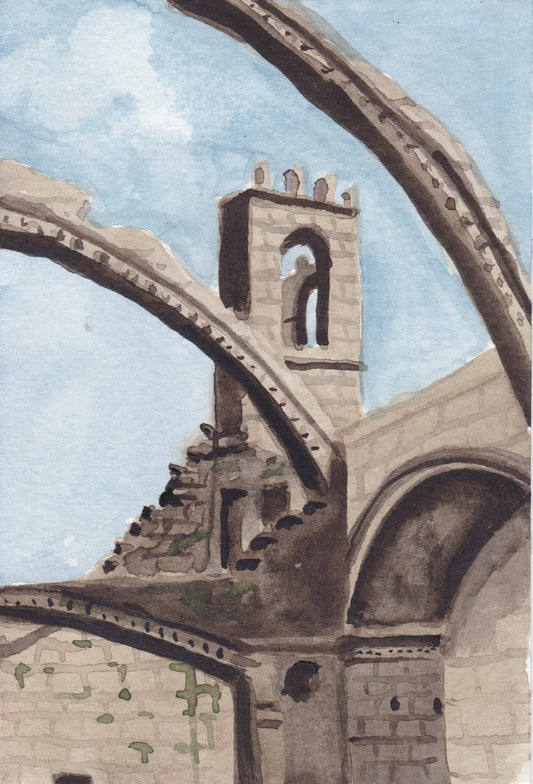 Postcard painting (A6) of ruins of St Marina Dozo, Cambados, Spain. watercolour.