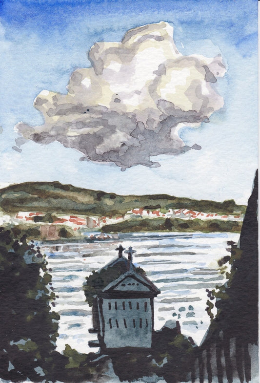 Postcard painting (A6) of grain store at Combarro, Spain. watercolour.