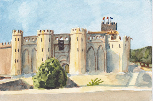 Postcard painting (A6) of Aljaferia Castle, Zaragoza, Spain. watercolour.