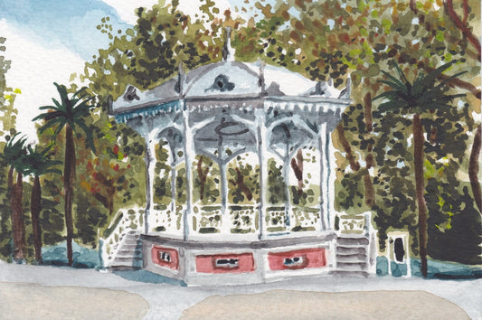 Postcard painting (A6) of bandstand in Oviedo, Spain. watercolour.