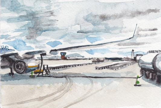 Postcard painting (A6) of plane at airport in Zaragoza, Spain. watercolour.