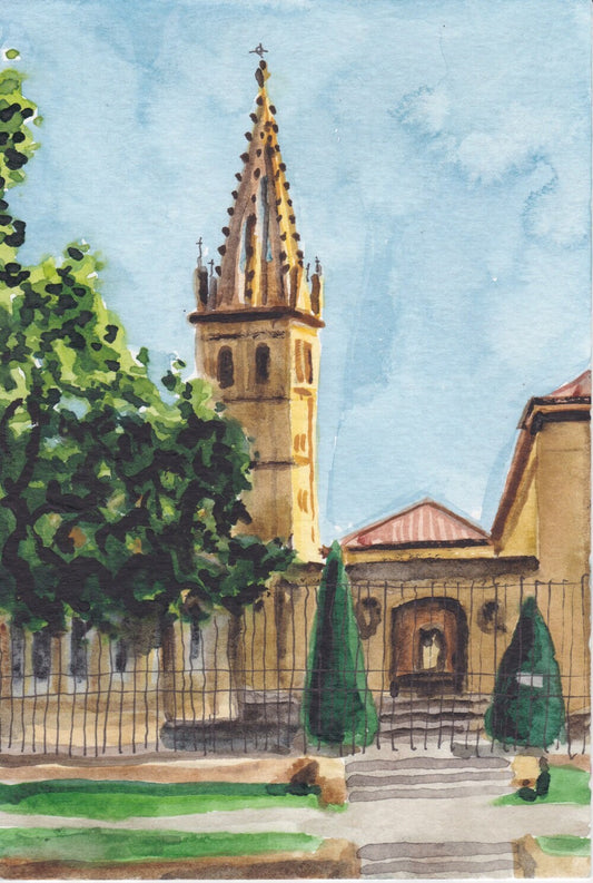 Postcard painting (A6) of church of Santa Maria De La Corte, Oviedo, Spain. watercolour.