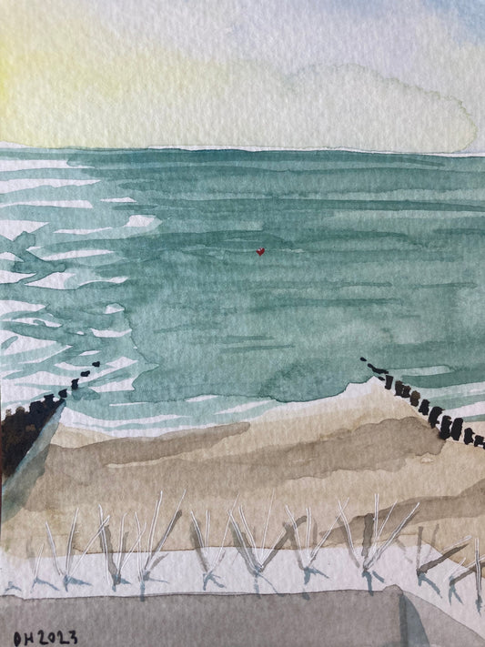 Postcard painting of beach, sea and seagull spikes at Eastbourne.