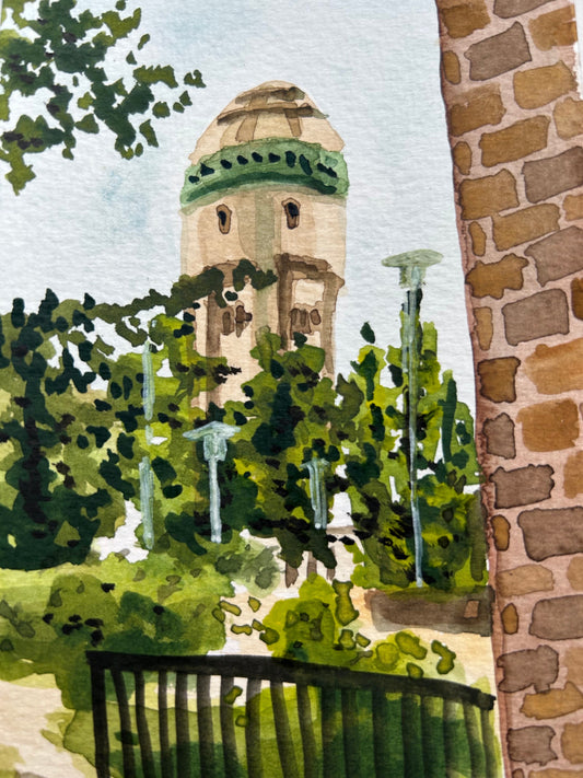 Painting of Kuken water tower, Malmo, Sweden (postcard painting)