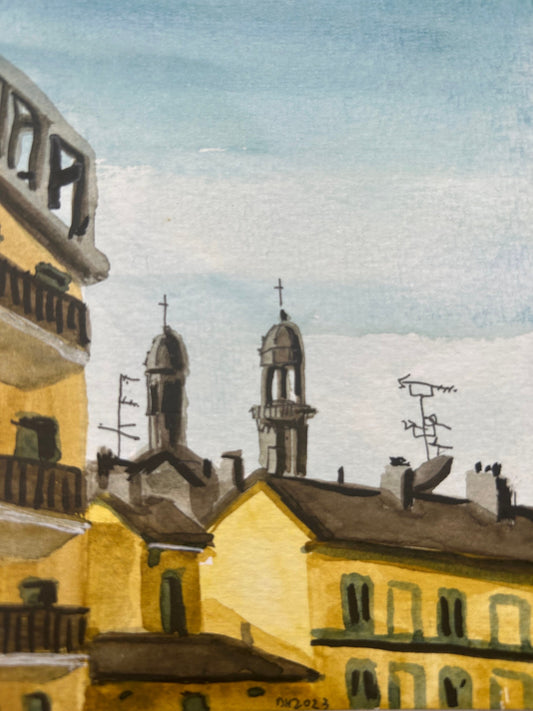 Postcard painting of rooftops in the Navigli in Milan, Italy (postcard painting)