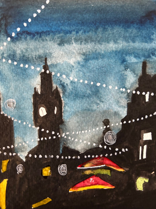 Malmo at night, Sweden (postcard painting)