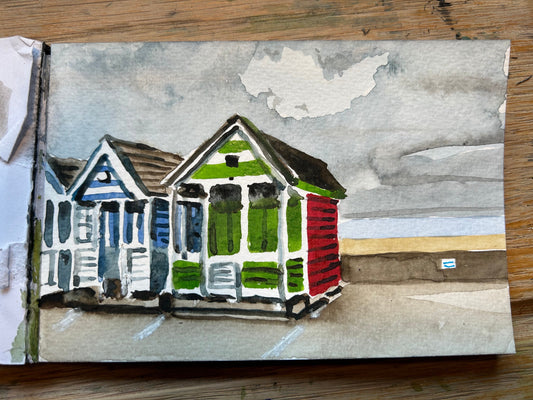 Beach Huts in Southwold (postcard painting)