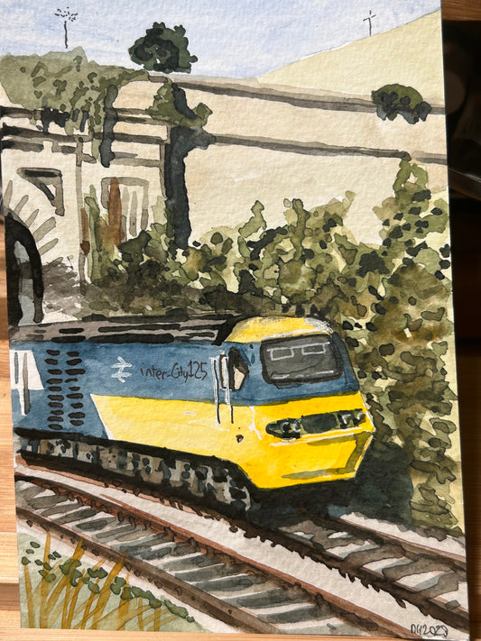 Postcard painting of InterCity 125 train. Watercolour.