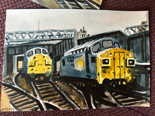 Postcard painting of two Class 36 Diesel trains. Watercolour.