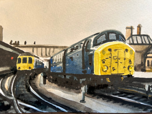 Postcard painting of class 40 and Class 108 train. Watercolour.