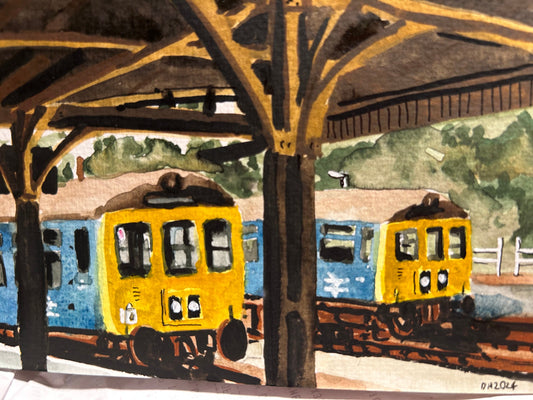 Postcard painting two class 104 DMUs. Watercolour.