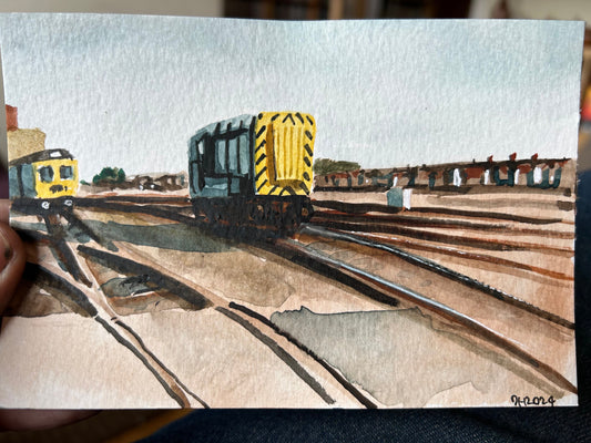 Postcard painting of a Class 08 diesel train. From a childhood photograph by Kevin Griffiths.