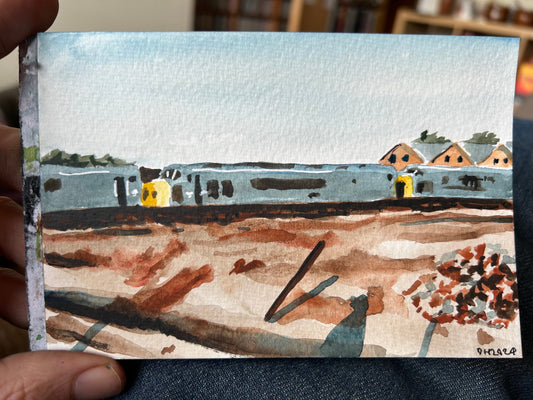Postcard painting of a row of derelict diesel trains. From a childhood photograph by Kevin Griffiths.