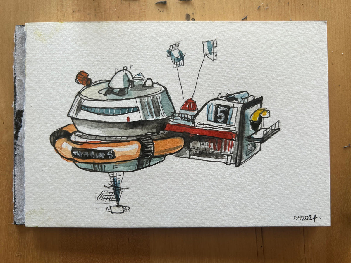 Postcard painting (A6) of Thunderbird 5 from Thunderbirds