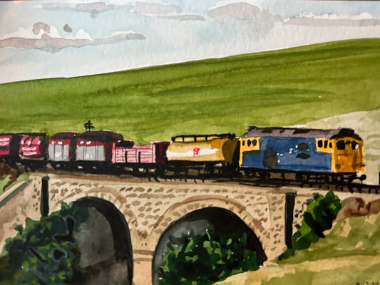 Postcard painting of a Class 27 diesel train.
