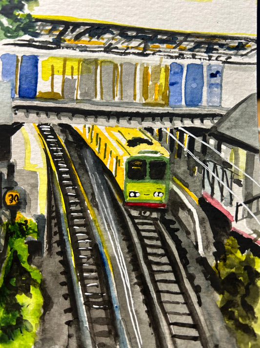 Postcard painting of Dart Train at  Dún Laoghaire Station