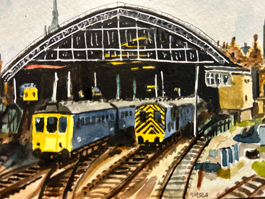 Postcard painting of class 45, class 127 and a class 08, at St Pancras