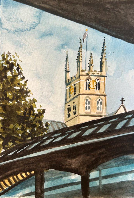 Southwark Cathedral from Borough Market, postcard painting