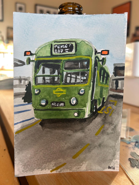 Postcard painting (A6) of Old Bus in Penge